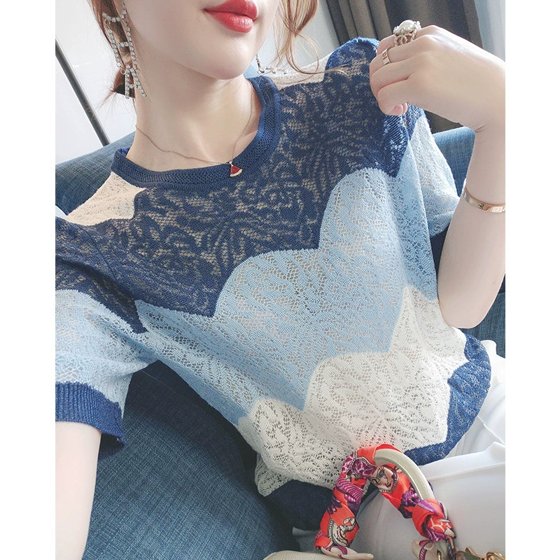 Shuifen ~ Ding teñido niebla de Pino Azul, estilo occidental y blanco 2023 primavera y verano nueva Camiseta manga corta de punto hueco top de mujer Color de la imagen imagen 1
