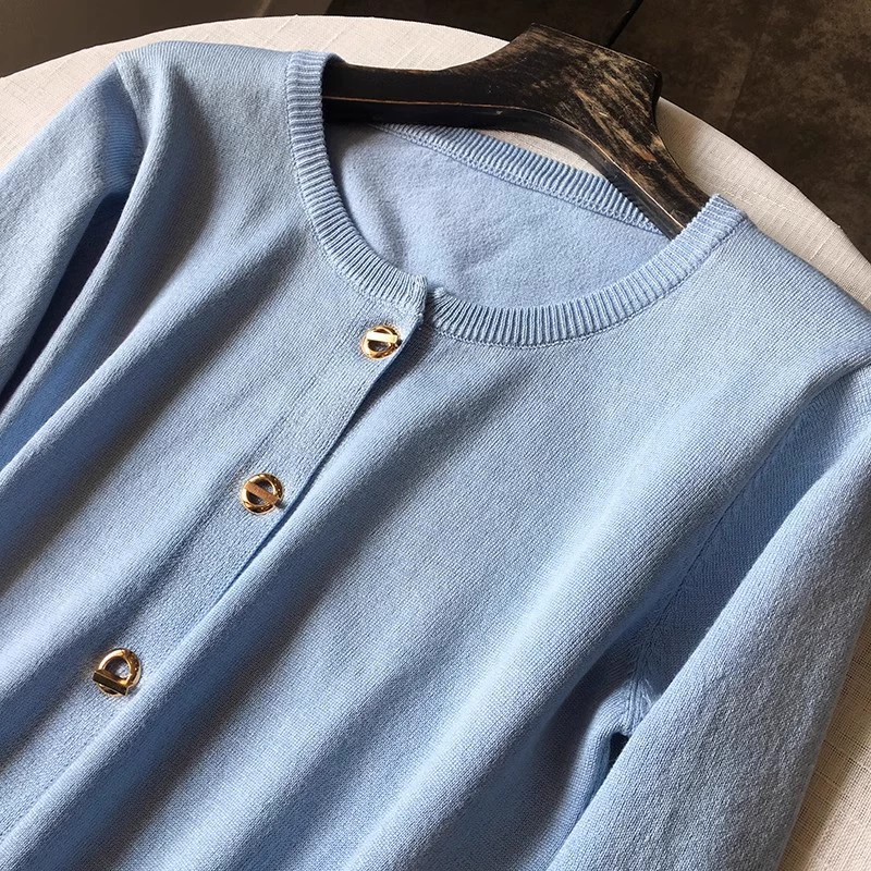 Hilo hilado Nuevo estilo Tweed francésCamisa de punto Cárdigan de mujer con cuello redondo CortoSuéterPrendas de vestirTops azul imagen 1
