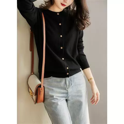 Cárdigan de punto con cuello redondo para mujer, otoño 2024, suéter tipo chal de manga larga, holgado y elegante para el trabajo y el día a día. Negro clásico imagen 1