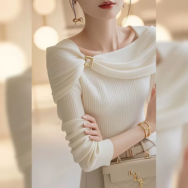 Top de punto chal blanco de un solo hombro - Nueva colección Otoño/Invierno 2025 para mujer, estilo coreano, único y a la moda. Blanco imagen 1