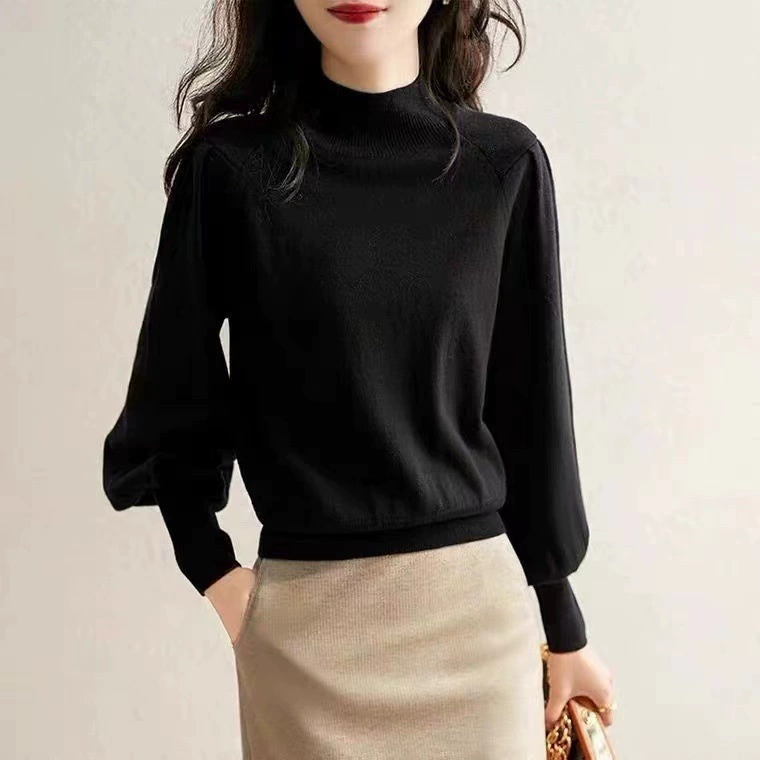 Suéter de punto de manga larga con cuello medio alto para mujer, nuevos colores 2024 en stock, otoño e invierno, multicolor, holgado, capa base de manga larga. Negro imagen 1