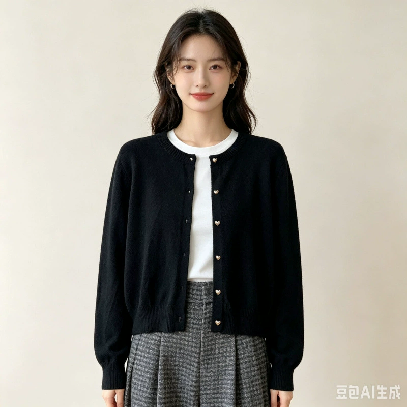 Cárdigan de punto con botones dorados en forma de corazón retro japonés y coreano - Prenda exterior elegante de otoño/invierno para mujer, top casual para capas interiores negro imagen 1