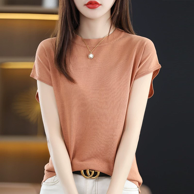 Camiseta de manga corta con cuello medio alto para mujer, top corto de lino tencel de verano, chaleco sin mangas de punto estilo nuevo 2024 Color cacao imagen 1