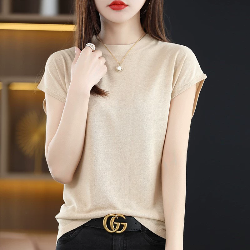 Camiseta de manga corta con cuello medio alto para mujer, top corto de lino tencel de verano, chaleco sin mangas de punto estilo nuevo 2024 Albaricoque imagen 1