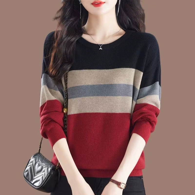 Suéter de punto a rayas con bloques de color y cuello redondo para mujer de talla grande - Otoño/Invierno, corte holgado, control de abdomen, elegante capa base negro imagen 1