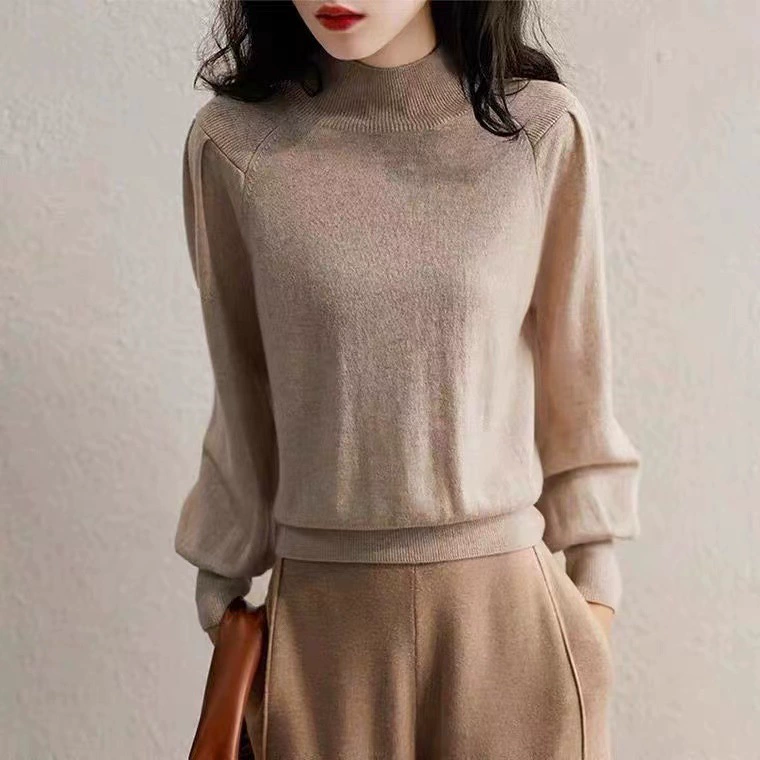 Suéter de punto de manga larga con cuello medio alto para mujer, nuevos colores 2024 en stock, otoño e invierno, multicolor, holgado, capa base de manga larga. Beige imagen 1