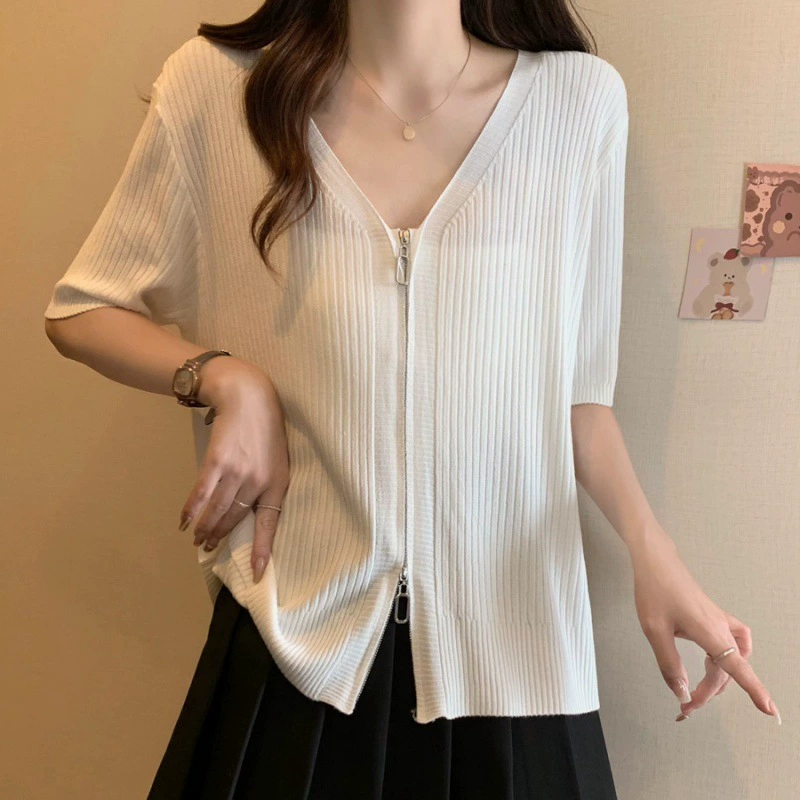 Top de punto ligero de seda helada de manga corta para mujer - Talla grande de verano, control de abdomen, adelgazante, camiseta con cremallera y cuello en V Blanco imagen 1