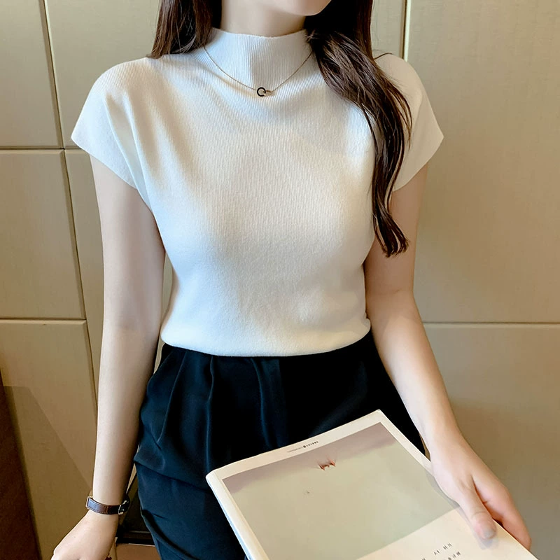 Camiseta negra de punto de manga corta para mujer, sin mangas, con cuello medio alto, de seda helada, moderna y versátil, de corte ajustado y favorecedora. Blanco imagen 1
