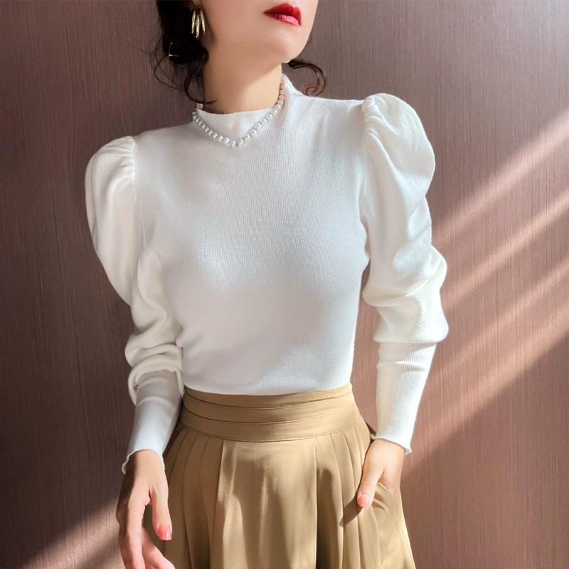 Nueva Colección Primavera/Otoño 2025 - Top de Punto con Cuello Alto y Manga Farol para Mujer, Capa Interior, Capa Base de Cuello Alto, Jersey, Prenda Exterior Blanco imagen 1