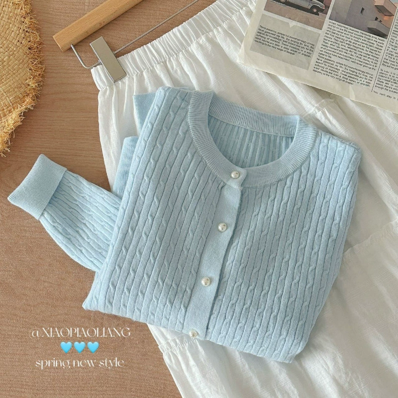 Cárdigan de punto trenzado de color liso estilo coreano premium - Nueva llegada de primavera para mujer, antiedad, top de manga larga de ajuste holgado azul claro imagen 1
