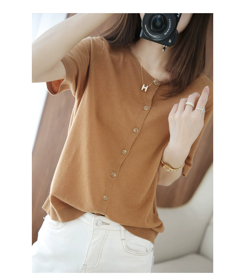 Verano nuevo delgado de seda de hielo de manga corta de punto cardigan de las mujeres de doble cara camisa de aire acondicionado con falda superior corto abrigo Suelto Camello imagen 1