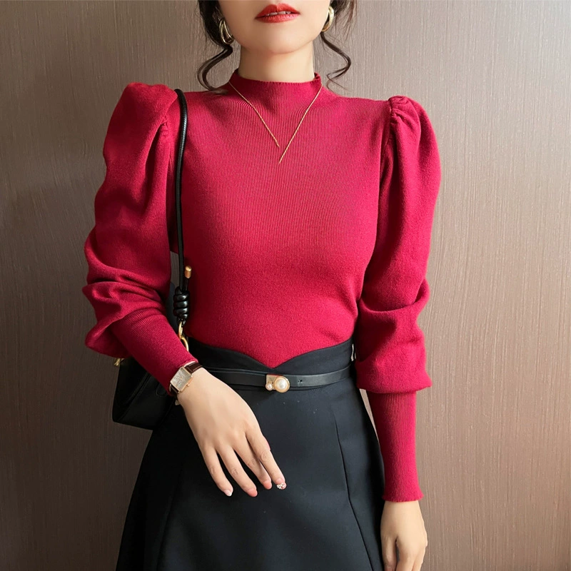Nueva Colección Primavera/Otoño 2025 - Top de Punto con Cuello Alto y Manga Farol para Mujer, Capa Interior, Capa Base de Cuello Alto, Jersey, Prenda Exterior rojo imagen 1