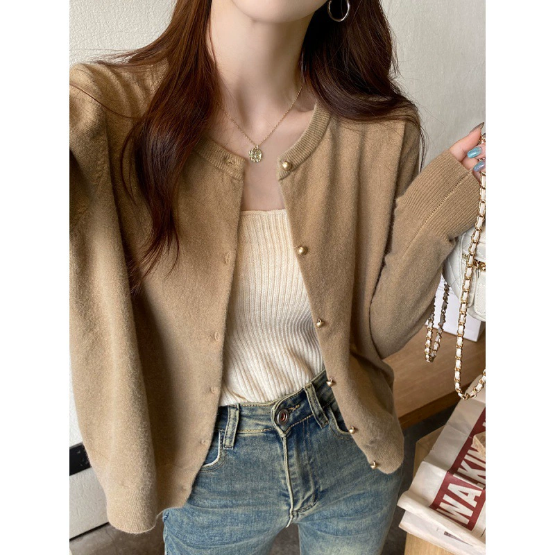 Cárdigan de punto gris para mujer 2024 - Prenda exterior de otoño, chaqueta suéter premium, top ligero de manga larga para principios de otoño caqui imagen 1