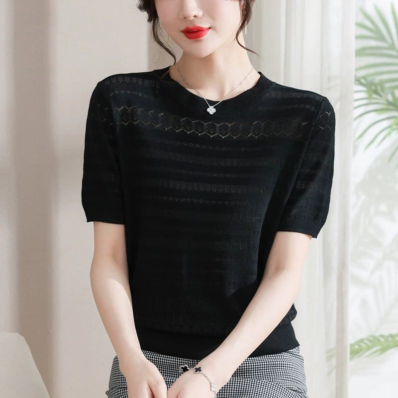Suéter de manga corta de seda de hielo para mujer verano 2024 nuevo estilo cuello redondo diseño delgado sentido corto jacquard top camiseta para mujer Negro imagen 1
