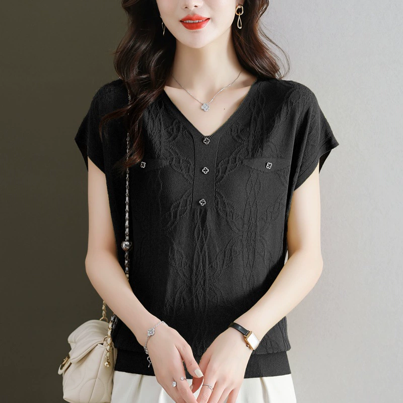 Spot 2024 verano nuevo estilo con cuello en V seda de hielo camiseta de manga corta estilo occidental suelto suéter de punto fino top de moda para mujer Negro imagen 1