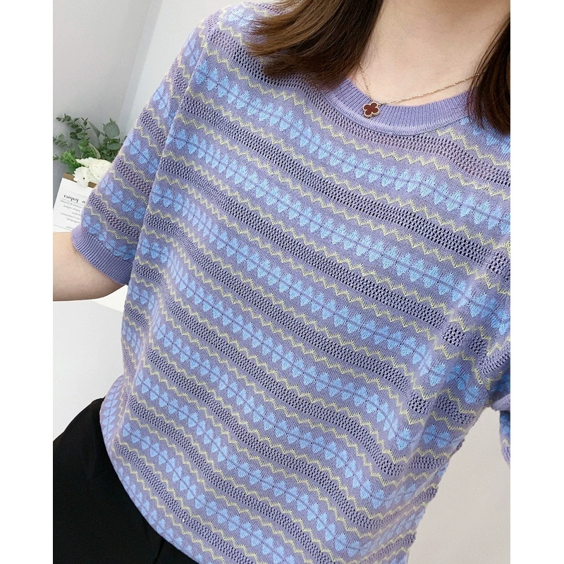 2023 ropa de mujer de verano nueva camiseta de manga corta para mujer prendas de punto que cubren el vientre camiseta de adelgazamiento estilo occidental que reduce la edad Cuello redondo imagen 1
