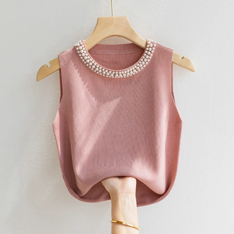 Camisola blanca sin mangas para mujer - Top para capas de primavera/otoño - Perfecto para usar debajo de blazer, con detalle de cuentas, top de punto inspirado en Chanel rosa imagen 1