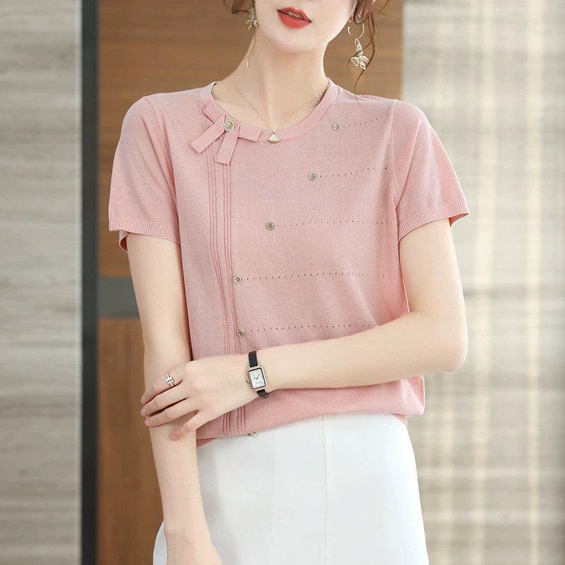 Camiseta de manga corta de seda helada para mujer, novedad de verano 2024, conjunto de verano ligero para mamá joven, top de punto elegante para mujer. rosa imagen 1