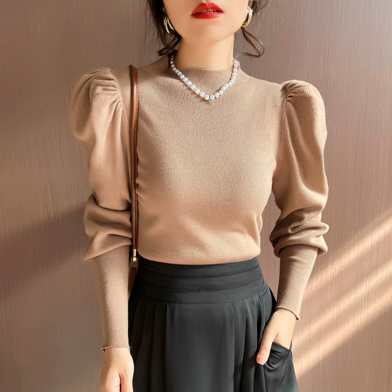 Nueva Colección Primavera/Otoño 2025 - Top de Punto con Cuello Alto y Manga Farol para Mujer, Capa Interior, Capa Base de Cuello Alto, Jersey, Prenda Exterior caqui imagen 1