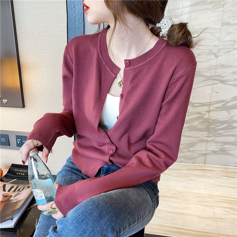 Rebeca de punto abrigo para mujer primavera y otoño ropa exterior suéter fino primavera 2022 nuevo negro manga larga Otoño e Invierno top Ciruela púrpura imagen 1