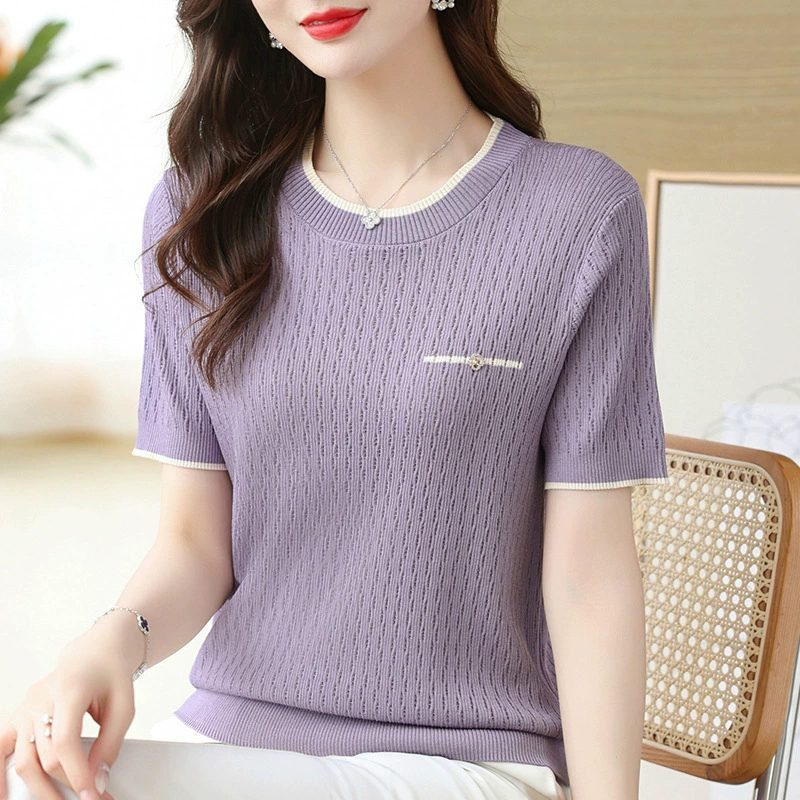 Camiseta de manga corta de seda de hielo de verano para mujer suéter delgado de media manga con cuello redondo estilo occidental que adelgaza la camisa de fondo Púrpura imagen 1