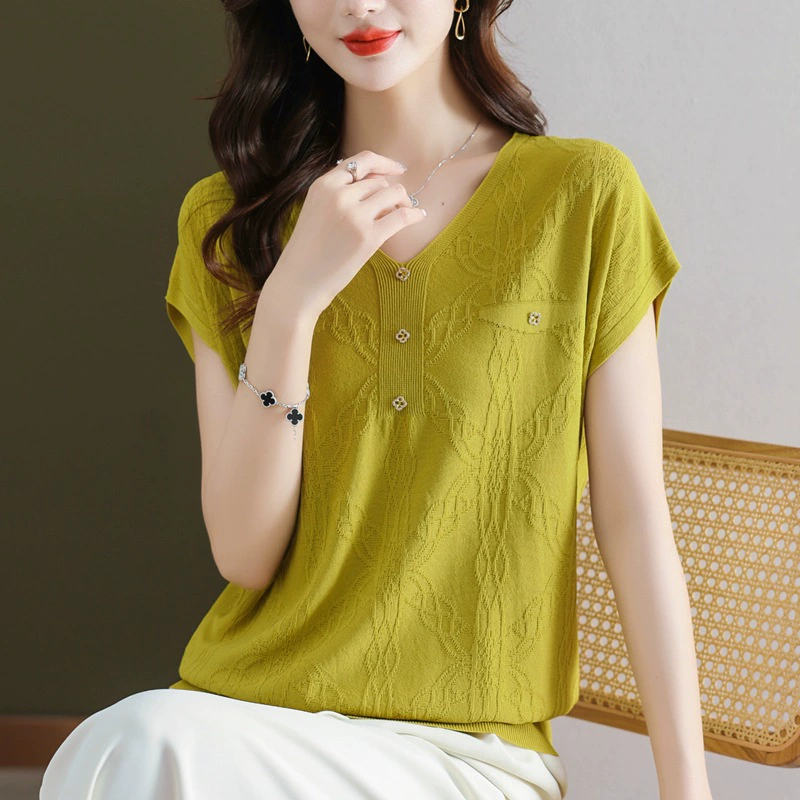 Spot 2024 verano nuevo estilo con cuello en V seda de hielo camiseta de manga corta estilo occidental suelto suéter de punto fino top de moda para mujer Amarillo imagen 1