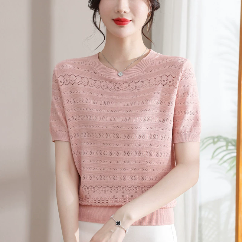 Suéter de manga corta de seda de hielo para mujer verano 2024 nuevo estilo cuello redondo diseño delgado sentido corto jacquard top camiseta para mujer Rosa imagen 1
