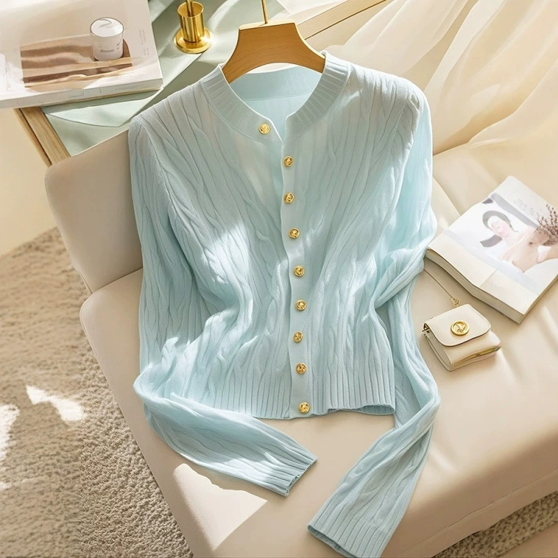 Cárdigan de punto trenzado azul menta para mujer, de inspiración coreana, chic y sin esfuerzo. Nueva colección de punto Primavera 2025, chaqueta suéter abierta. Color de la imagen imagen 1