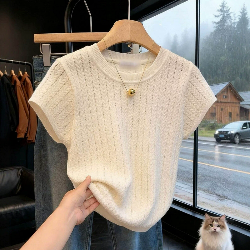Camiseta de punto de seda helada con recortes franceses de manga corta para mujer, nueva colección Primavera/Verano 2026, diseño elegante y exclusivo, suéter de moda. albaricoque imagen 1