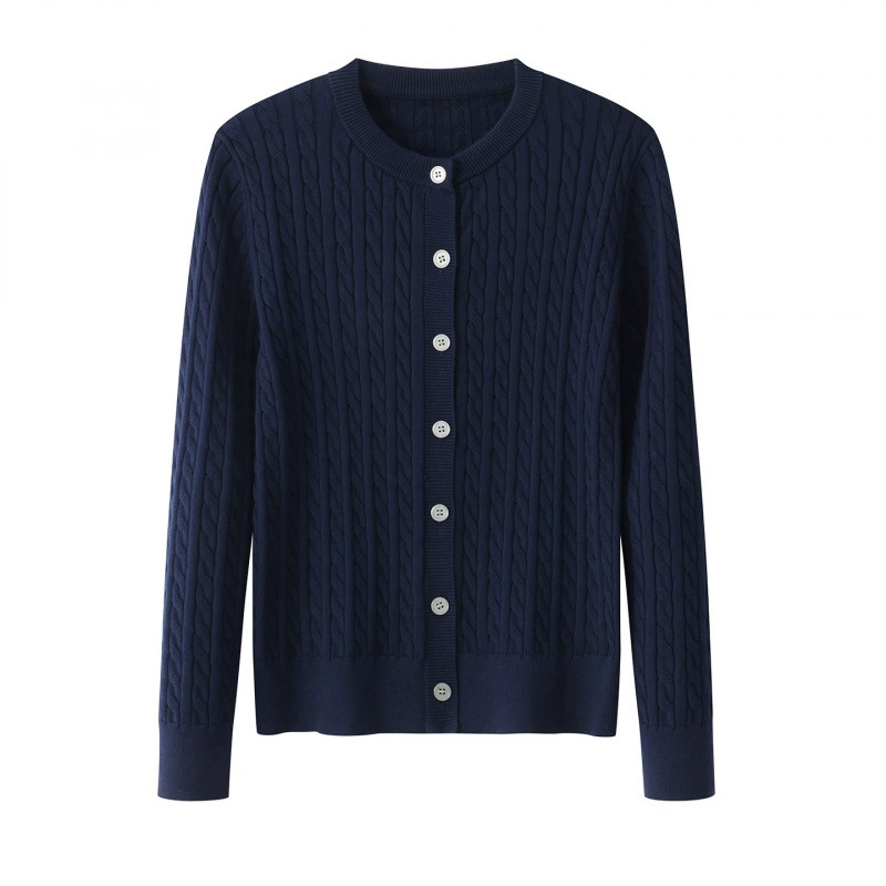 Cárdigan de mujer, cuello redondo, manga larga, corto, otoño-invierno 2026, nueva colección, corte holgado, efecto adelgazante, punto trenzado, suéter. Azul marino imagen 1