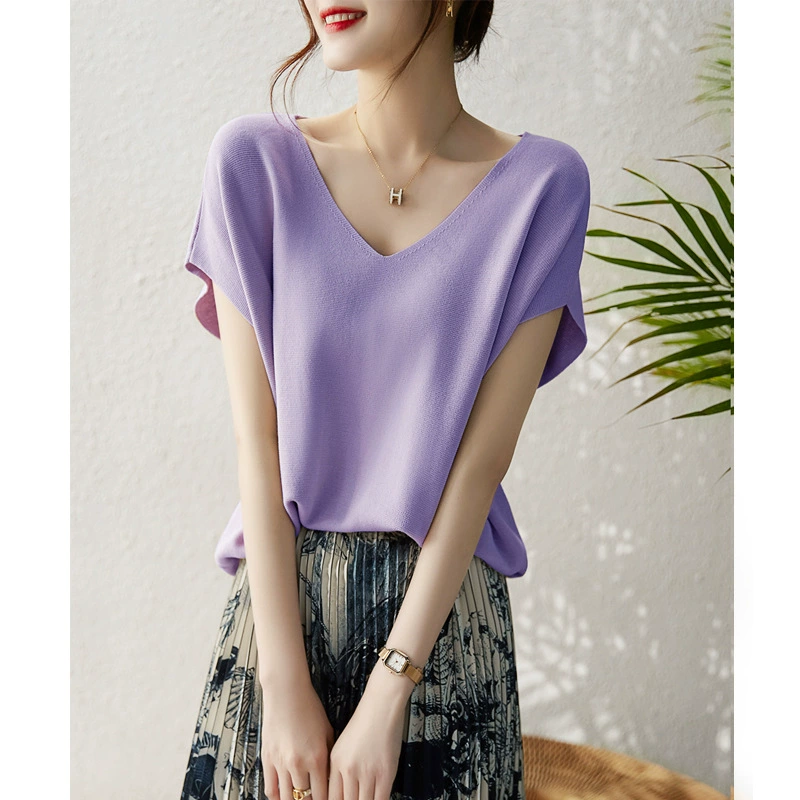 2024 verano nuevo estilo de algodón de acetato seco morado manga de murciélago estilo fino seda de hielo moda delgado delgado suéter de estilo occidental Púrpura taro imagen 1