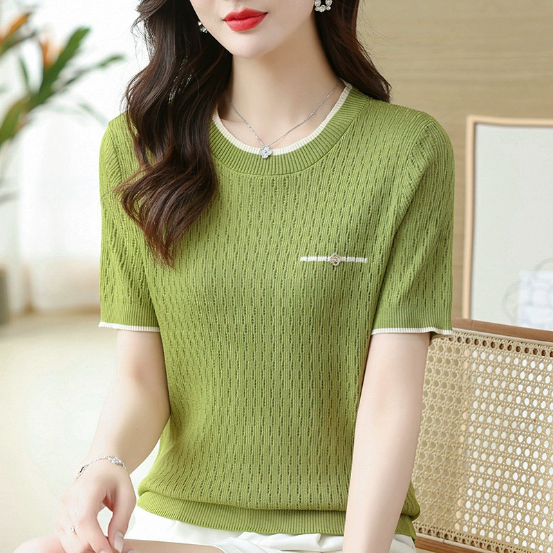 Camiseta de manga corta de seda de hielo de verano para mujer suéter delgado de media manga con cuello redondo estilo occidental que adelgaza la camisa de fondo Verde imagen 1