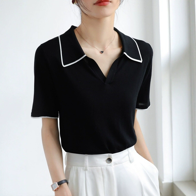 Camiseta de manga corta con solapa y hombro para mujer 2025 verano francés de alta calidad viento ligero cocido suéter de seda de hielo top de polo Negro imagen 1