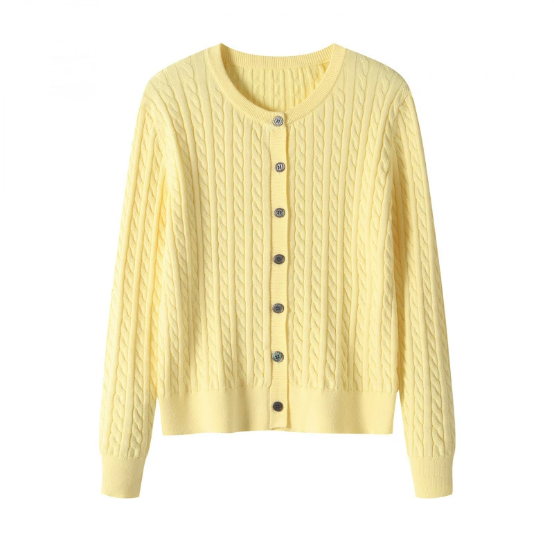 Cárdigan de mujer, cuello redondo, manga larga, corto, otoño-invierno 2026, nueva colección, corte holgado, efecto adelgazante, punto trenzado, suéter. amarillo imagen 1