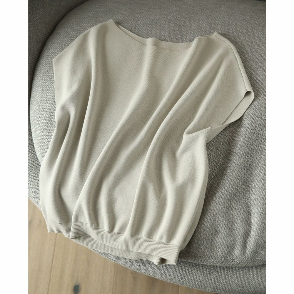 Camiseta de manga corta de seda helada, estilo nuevo primavera/verano 2024, manga murciélago, ajuste holgado, efecto adelgazante, jersey fino para capas. Arroz albaricoque imagen 1