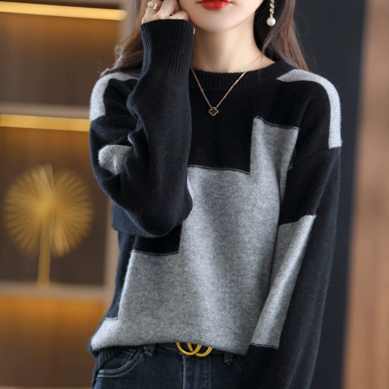 Suéter de Punto con Cuello Redondo para Mujer, Talla Grande, Otoño 2024, Nuevo, Manga Larga, Estilo Coreano, Capa Base, Color Combinado Gris imagen 1