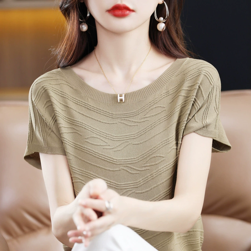 Camiseta de manga corta de Tencel con cuello redondo para mujer, top de punto versátil para verano, capa base de seda helada, fina y elegante. Caqui imagen 1