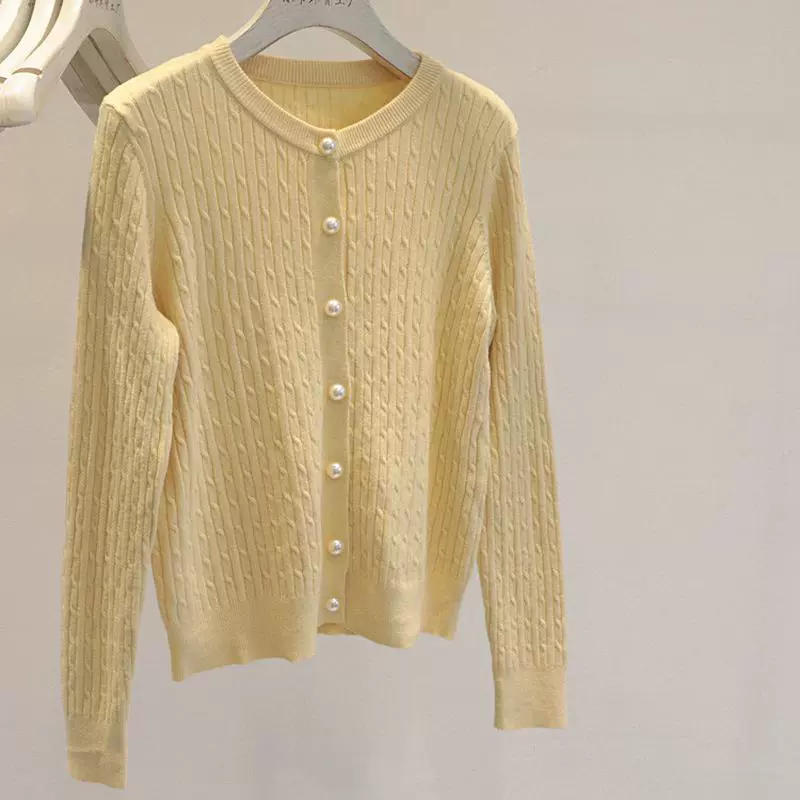 Cárdigan de punto trenzado de color liso estilo coreano premium - Nueva llegada de primavera para mujer, antiedad, top de manga larga de ajuste holgado amarillo imagen 1