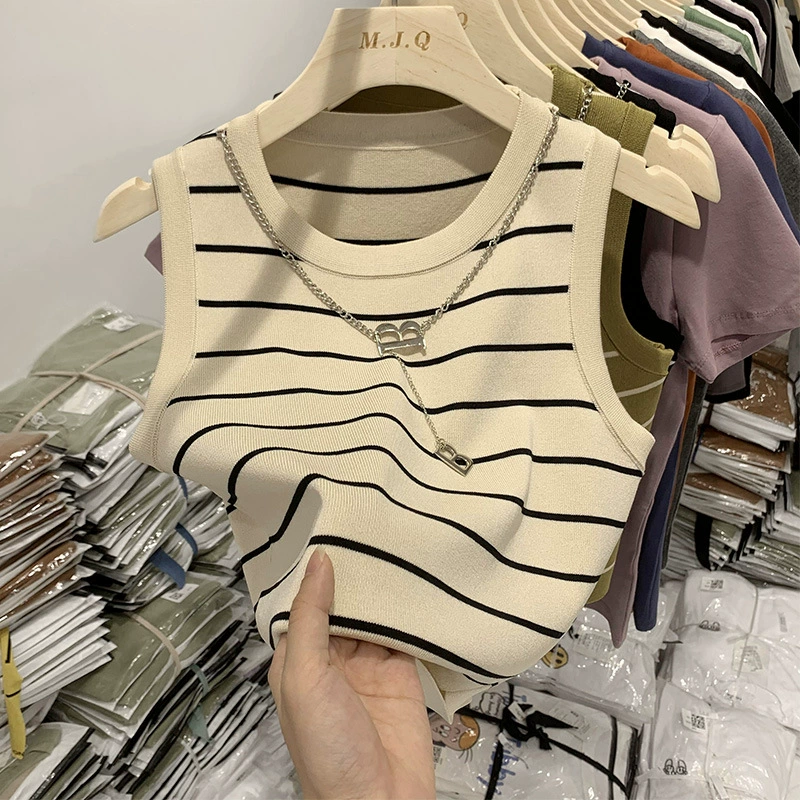 Chaleco de rayas cortas de cintura alta de estilo de chica caliente pura mujer 2023 verano nuevo estilo delgado interior sin mangas superior Rayas albaricoque imagen 1