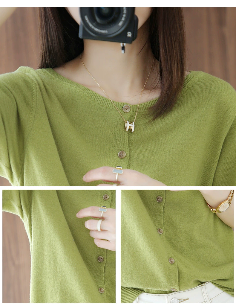 Verano nuevo delgado de seda de hielo de manga corta de punto cardigan de las mujeres de doble cara camisa de aire acondicionado con falda superior corto abrigo Suelto Verde imagen 1