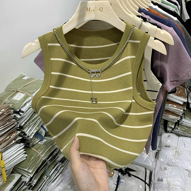 Chaleco de rayas cortas de cintura alta de estilo de chica caliente pura mujer 2023 verano nuevo estilo delgado interior sin mangas superior Rayas verdes imagen 1