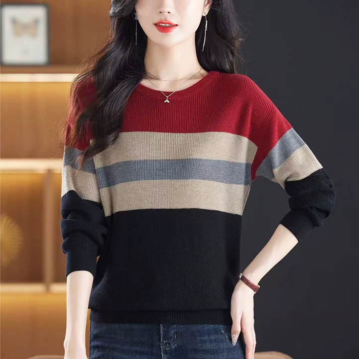Suéter de punto a rayas con bloques de color y cuello redondo para mujer de talla grande - Otoño/Invierno, corte holgado, control de abdomen, elegante capa base rojo imagen 1