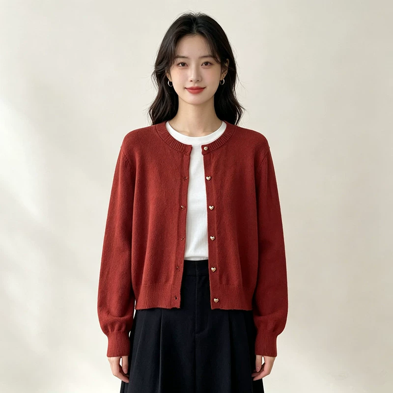 Cárdigan de punto con botones dorados en forma de corazón retro japonés y coreano - Prenda exterior elegante de otoño/invierno para mujer, top casual para capas interiores Rojo ladrillo imagen 1