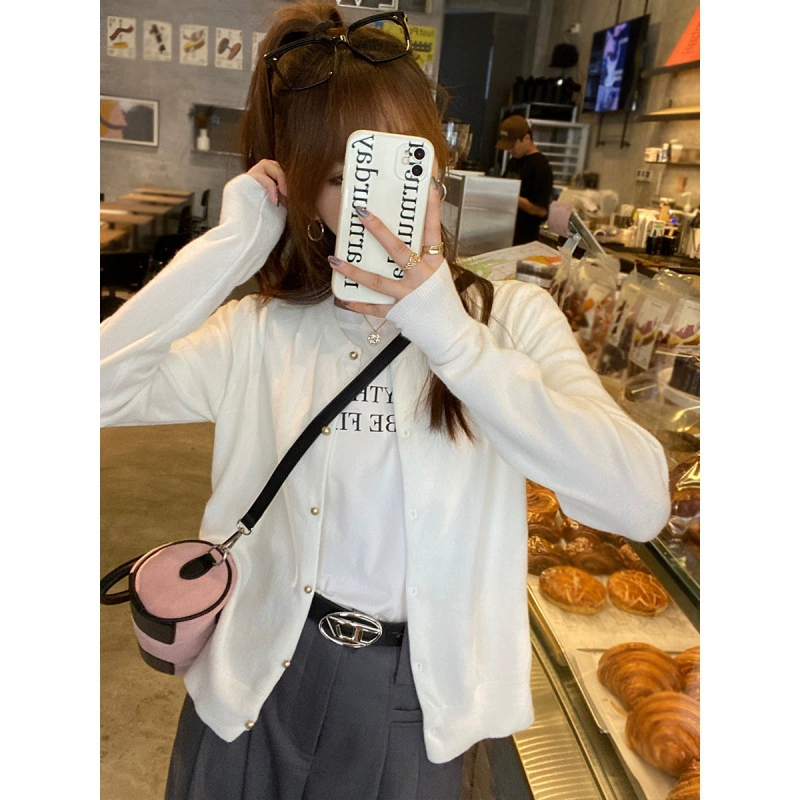 Cárdigan de punto gris para mujer 2024 - Prenda exterior de otoño, chaqueta suéter premium, top ligero de manga larga para principios de otoño Blanco imagen 1