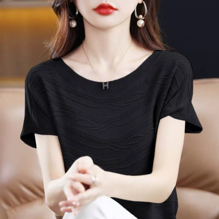 Camiseta de manga corta de Tencel con cuello redondo para mujer, top de punto versátil para verano, capa base de seda helada, fina y elegante. Negro imagen 1