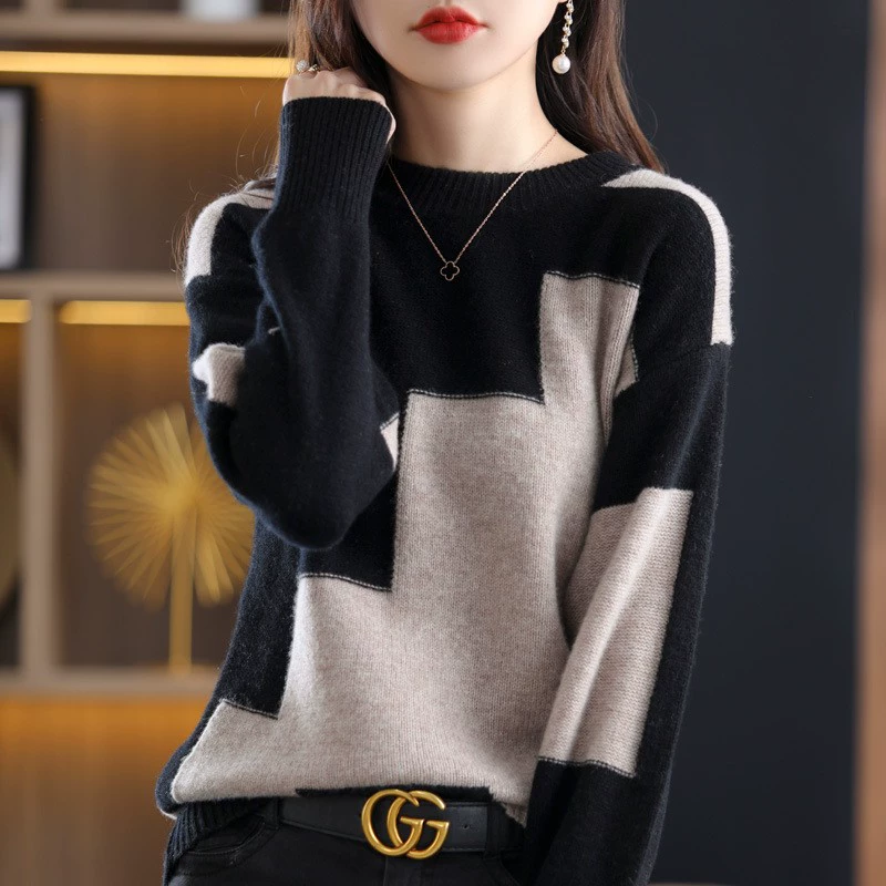 Suéter de Punto con Cuello Redondo para Mujer, Talla Grande, Otoño 2024, Nuevo, Manga Larga, Estilo Coreano, Capa Base, Color Combinado Camello imagen 1