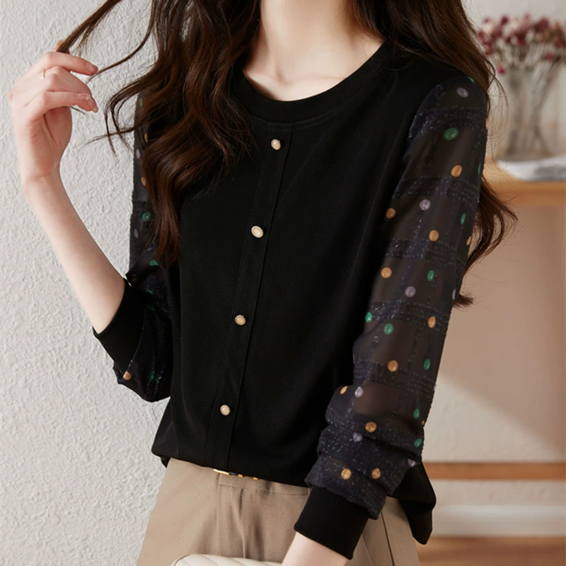 Blusa de gasa de manga larga con lunares - Nueva colección de otoño 2024 para mujer - Top de punto estilo francés rejuvenecedor - Blusa con capas y diseño patchwork negro imagen 1