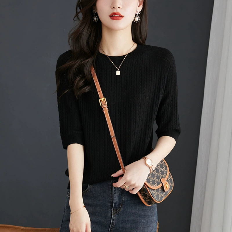 Suéter de punto de manga media con cuello redondo para mujer, estilo delgado, novedad de otoño 2024, suéter base elegante con patrón trenzado. Negro imagen 1