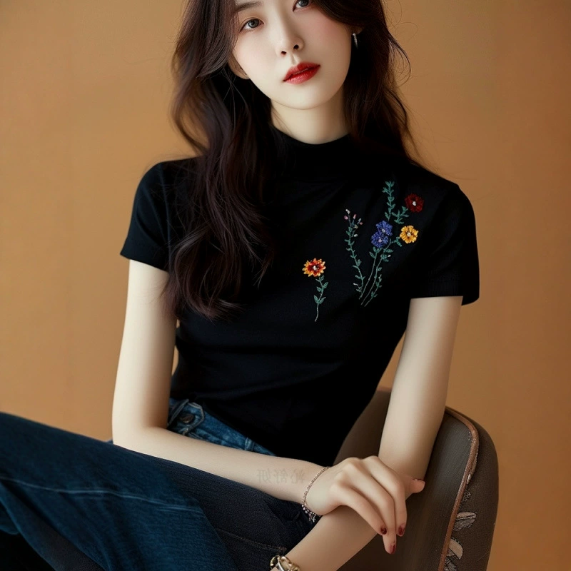 Camiseta de manga corta de seda de hielo con estampado de cuello medio alto francés negro para mujer 2025 nueva camisa de estilo occidental de estilo europeo de verano caliente Negro imagen 1