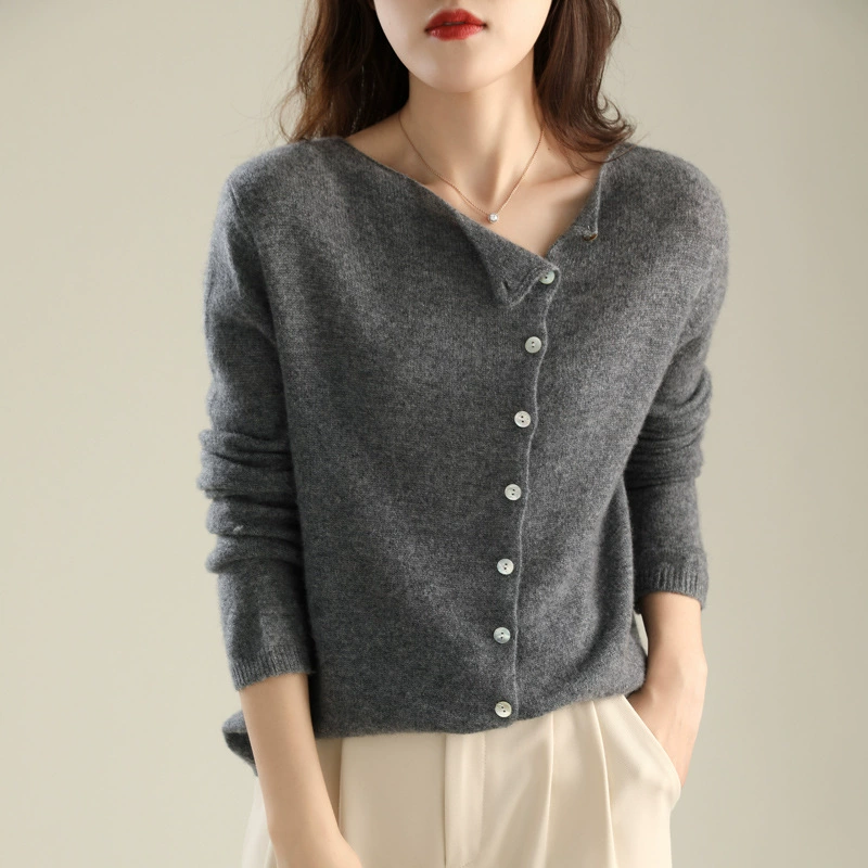 Cárdigan de diseño único para mujer, otoño 2024, de un solo botón, cuello redondo bajo, tejido fino, manga larga Gris Carbón imagen 1